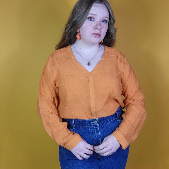 Sheer Orange Long Sleeve Blouse, 1X - Picture 2 of 4